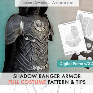 May include: Image of Shadow Ranger armour, a full costume pattern. The armour is dark grey with intricate designs and a silver emblem. The image includes pattern sheets and the text "Instant Download - A4/letter size" and "Digital Pattern/3D".