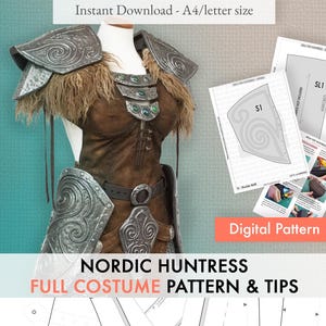 Può includere: Immagine dettagliata di un modello di costume completo della Cacciatrice Nordica. Il costume comprende un'armatura per le spalle color argento, un corpetto in pelle marrone e una cintura. L'immagine mostra anche pezzi di modello e il testo "Digital Pattern."