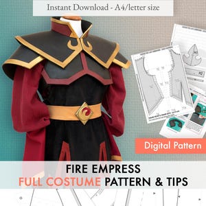 Könnte beinhalten: Ein Fire Empress Kostüm-Schnittmuster mit Tipps, mit einem schwarzen, roten und goldenen Design. Das Kostüm umfasst eine schwarze Corsage, rote Ärmel und goldene Akzente. Das Bild zeigt auch Schnittmusterteile und den Text "Digital Pattern."