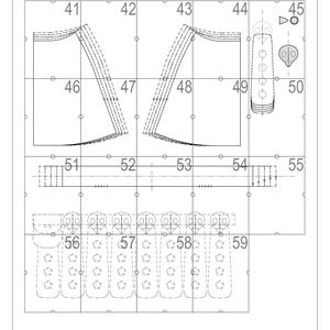 May include: A detailed sewing pattern diagram labelled "ASTRID - HTTYD PATTERN." The pattern includes various garment pieces, indicated by numbered sections, with the text "SKIRT- out of scale" and "Piece Of Cake Cosplay."