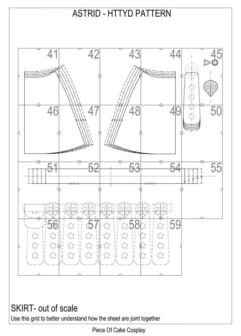 May include: A detailed sewing pattern diagram labelled "ASTRID - HTTYD PATTERN." The pattern includes various garment pieces, indicated by numbered sections, with the text "SKIRT- out of scale" and "Piece Of Cake Cosplay."
