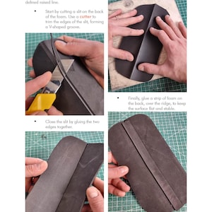 May include: Step-by-step guide on foam sculpting techniques. The image shows a black foam piece being cut, shaped with a heat gun, and glued. Text explains the "Undercut" method for creating ridges.