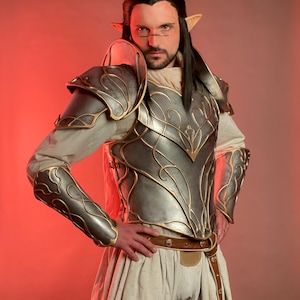 May include: A silver and gold fantasy armor set with intricate designs. The armor includes shoulder pads, a chest plate, and arm guards. The person is wearing a white tunic and a brown belt. The background is a gradient of red.