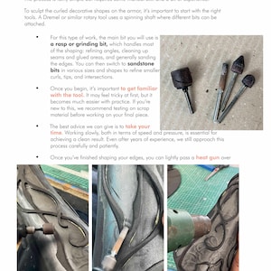 May include: Image showing various rotary tool bits, including rasp and grinding bits, used for sculpting edges on armor. The image also shows close-ups of the sculpting process, with text advising on techniques and safety.