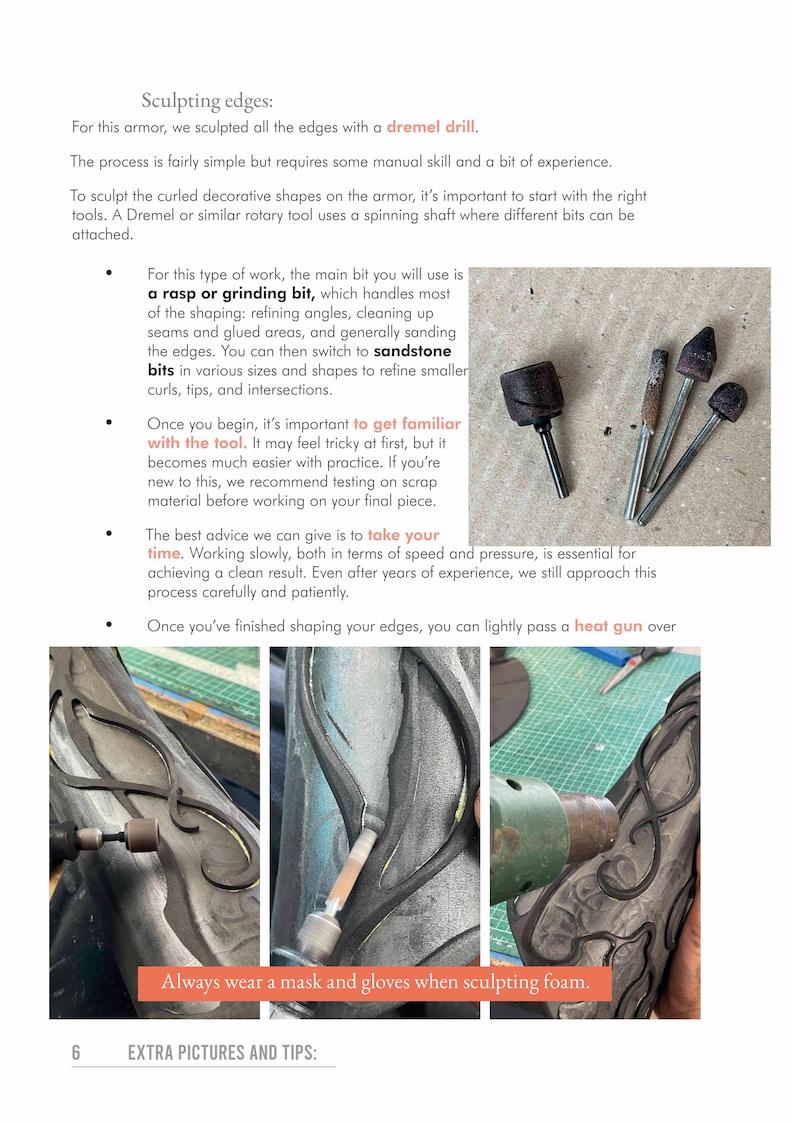 May include: Image showing various rotary tool bits, including rasp and grinding bits, used for sculpting edges on armor. The image also shows close-ups of the sculpting process, with text advising on techniques and safety.
