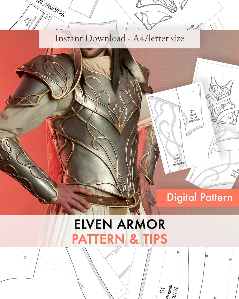 May include: A digital pattern for Elven armor. The image shows a detailed silver and gold-colored armor design, with intricate patterns and a brown belt. The text "ELVEN ARMOR PATTERN & TIPS" is displayed.