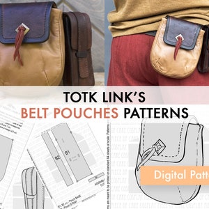 Può includere: Un modello digitale per una borsa di cuoio da cintura. Il modello include istruzioni per assemblare la borsa e uno schema dei pezzi necessari. Il testo "TOTK LINK'S BELT POUCHES PATTERNS" è in alto nell'immagine. Il testo "Digital Pattern" è in una casella color pesca in basso nell'immagine.