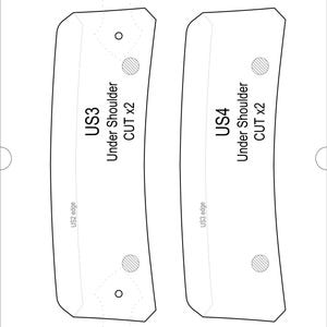 May include: A white paper pattern with two curved shapes labeled "US3" and "US4". Each shape is marked "Under Shoulder CUT x2". Dotted lines and circles indicate cutting and sewing points. The number "4" is in the upper right corner.