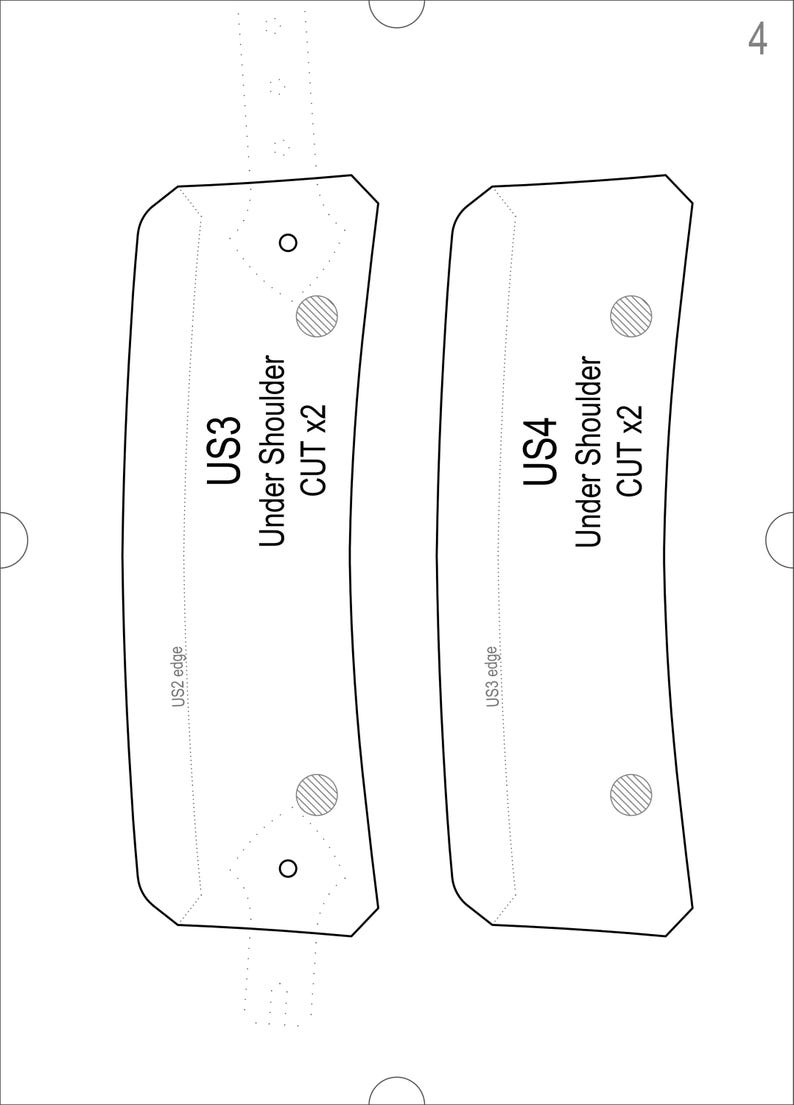 May include: A white paper pattern with two curved shapes labeled "US3" and "US4". Each shape is marked "Under Shoulder CUT x2". Dotted lines and circles indicate cutting and sewing points. The number "4" is in the upper right corner.