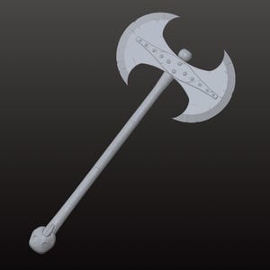 May include: A grey double-bladed axe with a wooden handle. The axe head has two curved blades with rivets along the centre. The handle has a rounded end with a small decorative element. The axe is set against a dark background.