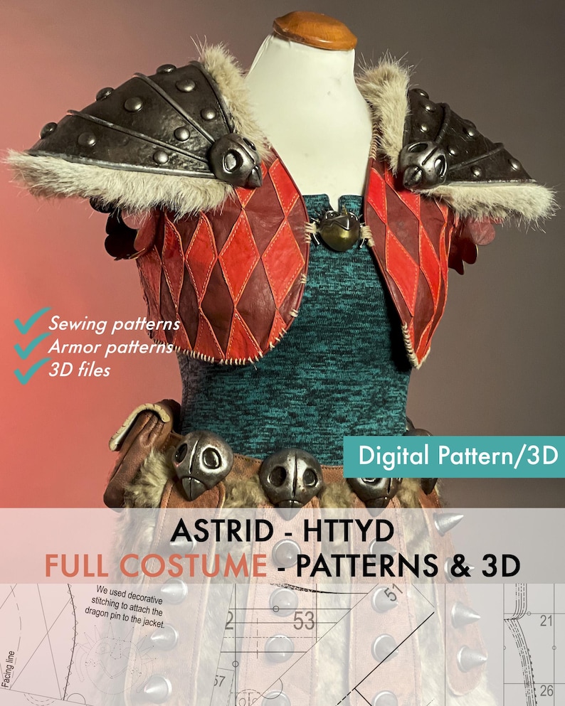 May include: A costume on a mannequin, featuring a red and brown diamond-patterned vest, faux fur trim, and dark metal shoulder armour. The text reads "ASTRID - HTTYD FULL COSTUME - PATTERNS & 3D" and "Digital Pattern/3D".