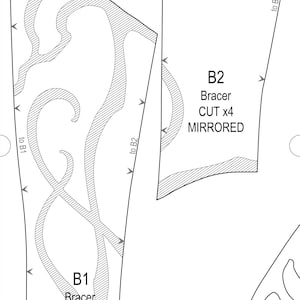 May include: A detailed technical drawing featuring two bracer patterns labeled B1 and B2, with instructions to cut four mirrored pieces. The designs include intricate, flowing line patterns and directional arrows, all set against a white background.