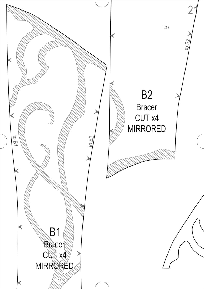 May include: A detailed technical drawing featuring two bracer patterns labeled B1 and B2, with instructions to cut four mirrored pieces. The designs include intricate, flowing line patterns and directional arrows, all set against a white background.