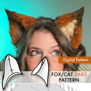 May include: A person wearing fox ears with orange and brown fur. The image includes a digital pattern for fox/cat ears. The text "FOX/CAT EARS PATTERN" is visible, along with the words "Digital Pattern".