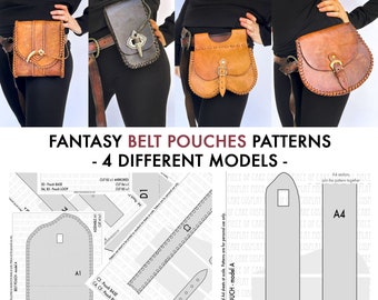 Fantasy belt pouches PATTERN - 4 models - larp medieval reenactment leatherwork