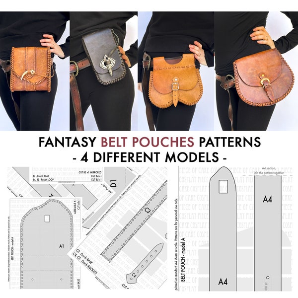 Fantasy belt pouches PATTERN - 4 models - larp medieval reenactment leatherwork