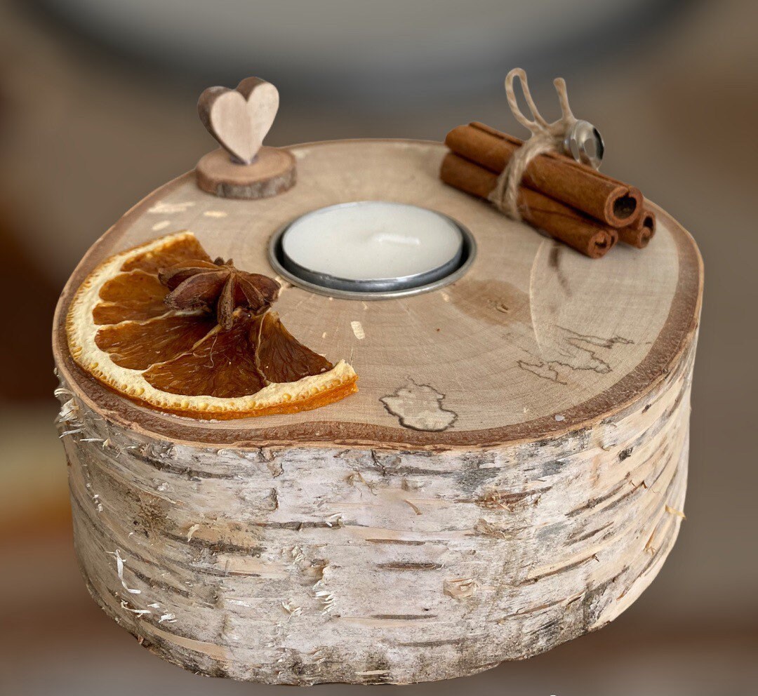 Bougeoir en Bois de Bouleaux. Cannelle Orange. Décoration Nature.