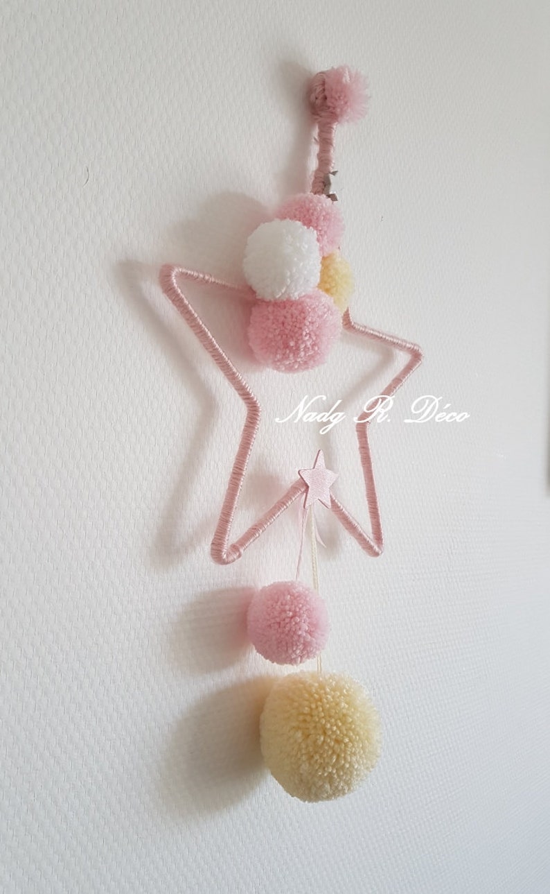 Star and pompoms to hang dream catcher pink, white and yellow artisanal. image 2