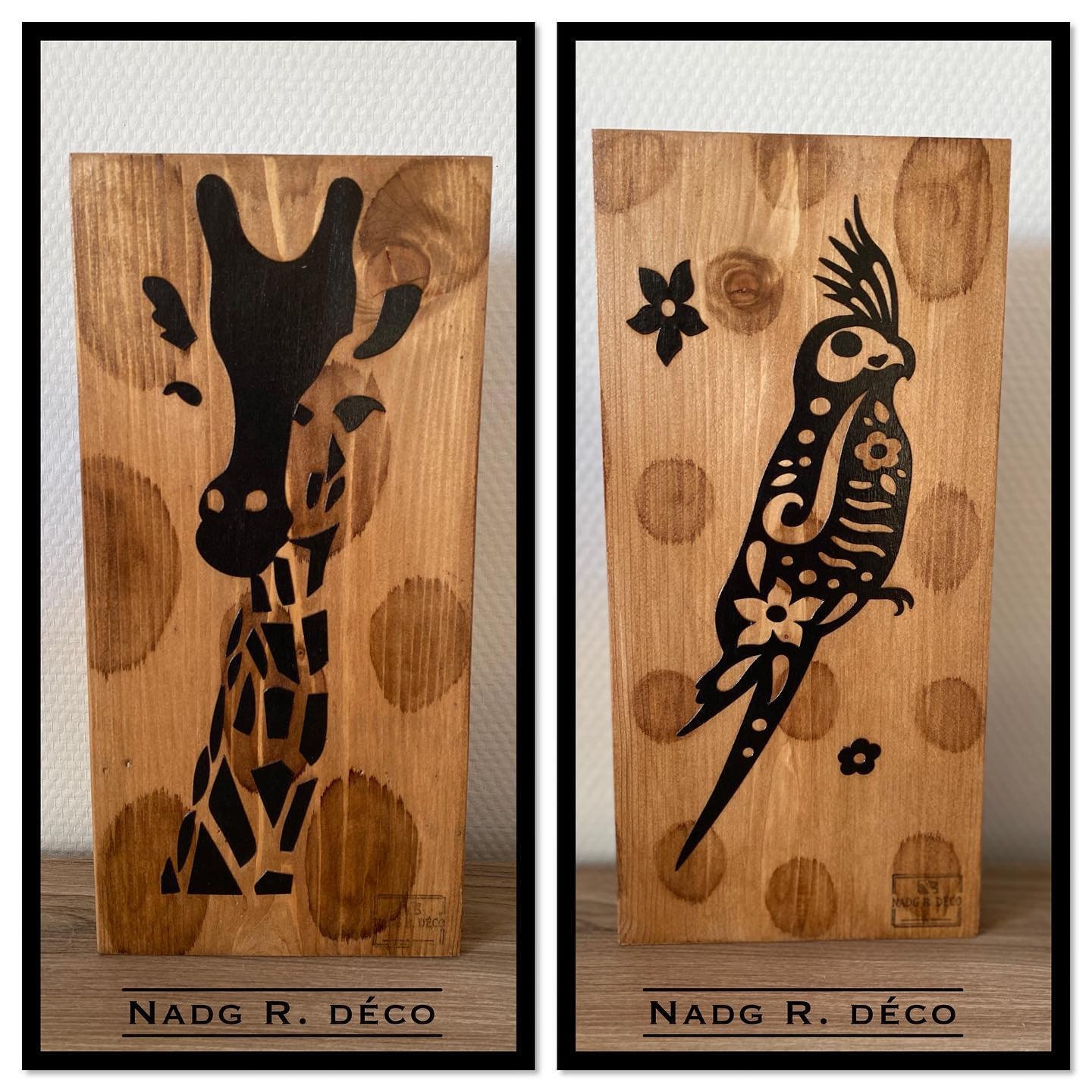 Décoration Girafe et Perroquet Bois Massif Recto - Verso