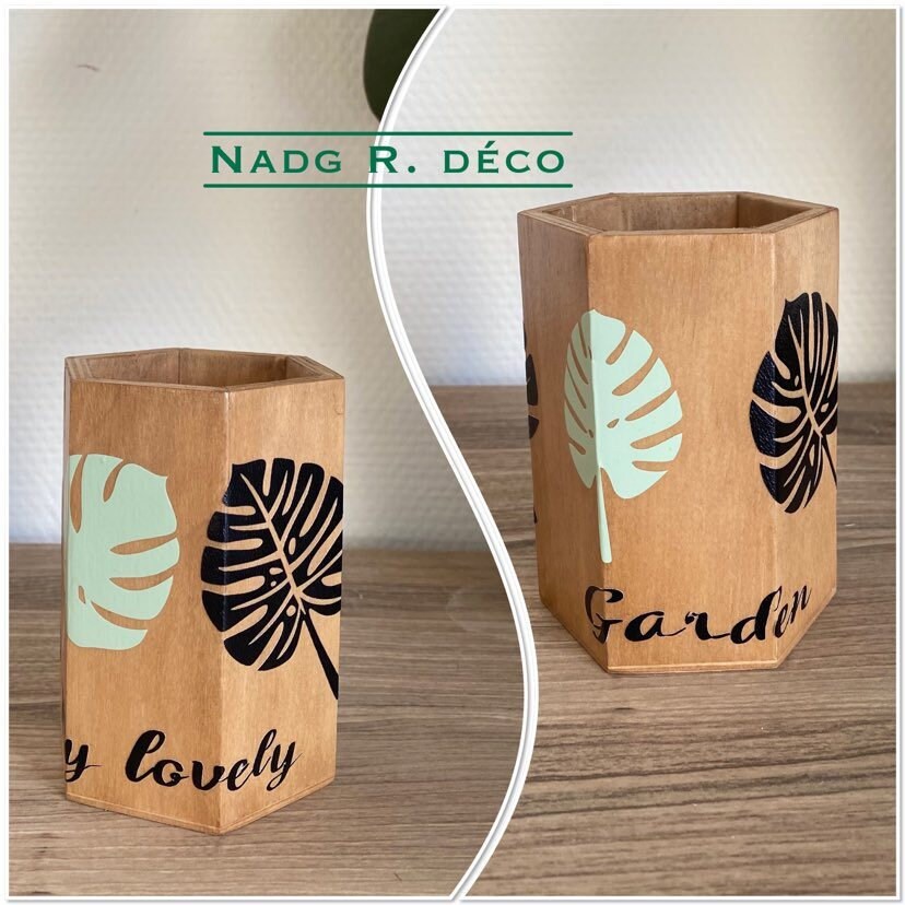 Pot Bois Pour Crayons ou Pinceaux Motifs Feuillage Garden