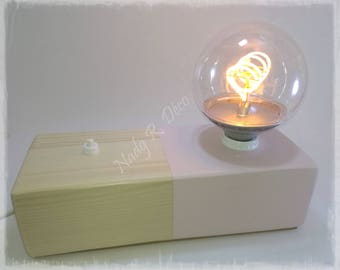 Pink wood block lamp and natural pine globe bulb push button