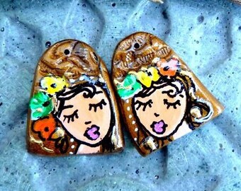 Face charms Funky-Frida-Pair of bohemian, ethnic charms-clay pendant-clay-handmade
