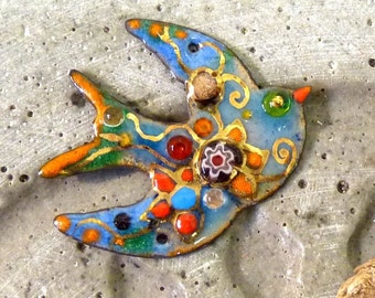 Oiseau-Connecteur-pendentif-cuivre émaillé-Enameled charms-copper-40 x 35 mm-handmade beads