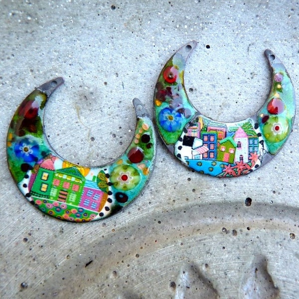 Breloques maisons-Grandes Créoles-charms, cuivre émaillé-40 mm-enameled copper charms