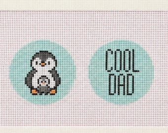 Cool Dad Handpainted Needlepoint Canvas - Zweigart Royal 18ct - 2 inch round for Ornaments - Penguin Dad and Baby
