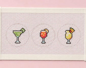 Tiny Margarita, Aperol Spritz and Pina Colada Handpainted Needlepoint Canvas - Zweigart Royal 18ct - Keyring Sized Cocktail Design