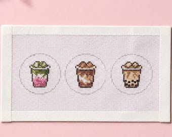Tiny Iced Matcha, Iced Coffee and Boba Handpainted Needlepoint Canvas - Zweigart Royal 18ct