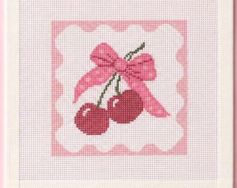 Cherries with Bow Handpainted Needlepoint Canvas - Zweigart Royal 18ct 4x4" Square