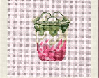 Needlepoint Canvas - Hand-Painted Strawberry Matcha Latte, Zweigart Royal 18 Mesh