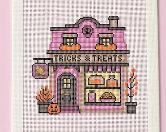 Needlepoint Canvas Halloween Candy Shop, Hand Painted on 18 Mesh Zweigart