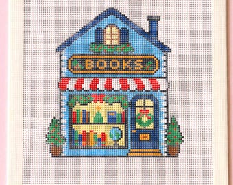 Christmas Village - Bookstore Handpainted Needlepoint Canvas - Zweigart Royal 18ct - Xmas Decor