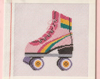 Rollerskate Needlepoint - Pink Purple Retro Aesthetic 70s - Handpainted 18ct Zweigart Mono Canvas