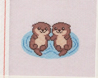 Needlepoint Canvas with Holding Hands Otters - Handpainted Zweigart Royal 18 Mesh