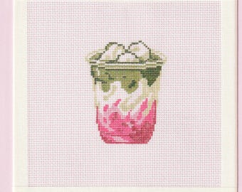 Needlepoint Canvas - Hand-Painted Strawberry Matcha Latte, Zweigart Royal 18 Mesh
