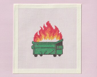 Needlepoint Canvas, Hand Painted Flaming Dumpster - Zweigart Royal 18 Mesh