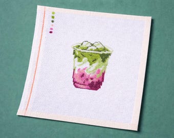 Iced Strawberry Matcha Latte Handpainted Needlepoint Canvas - Zweigart Royal 18ct