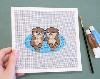 Otters Holding Hands Handpainted Needlepoint Canvas - Zweigart Royal 18ct