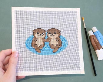 Needlepoint Canvas with Holding Hands Otters - Handpainted Zweigart Royal 18 Mesh