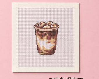 Needlepoint Canvas With Iced Latte Design, Zweigart Royal 18 Mesh, Handpainted Coffee
