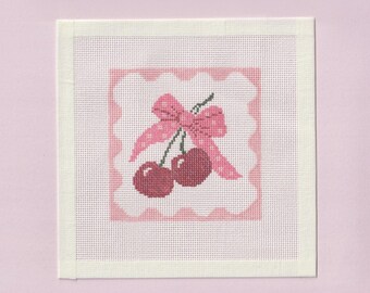Cherries with Bow Handpainted Needlepoint Canvas - Zweigart Royal 18ct 4x4" Square