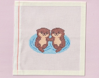 Needlepoint Canvas with Holding Hands Otters - Handpainted Zweigart Royal 18 Mesh