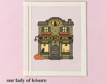 Halloween Village - Black Cat Inn Handpainted Needlepoint Canvas - Zweigart Royal 18ct - Spooky Decor