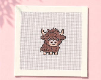 Highland Cow Beginner Needlepoint Canvas, Zweigart Royal 18 Mesh Red Cow Design