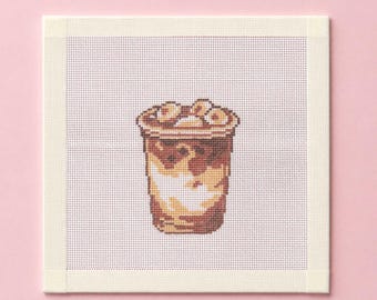 Needlepoint Canvas With Iced Latte Design, Zweigart Royal 18 Mesh, Handpainted Coffee