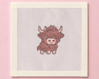 Highland Cow Beginner Needlepoint Canvas, Zweigart Royal 18 Mesh Red Cow Design
