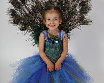 Children’s peacock costume, robe tutu: carnival costume, birthday girl gift, theatrical performance. Tulle dress with peacock wheel.